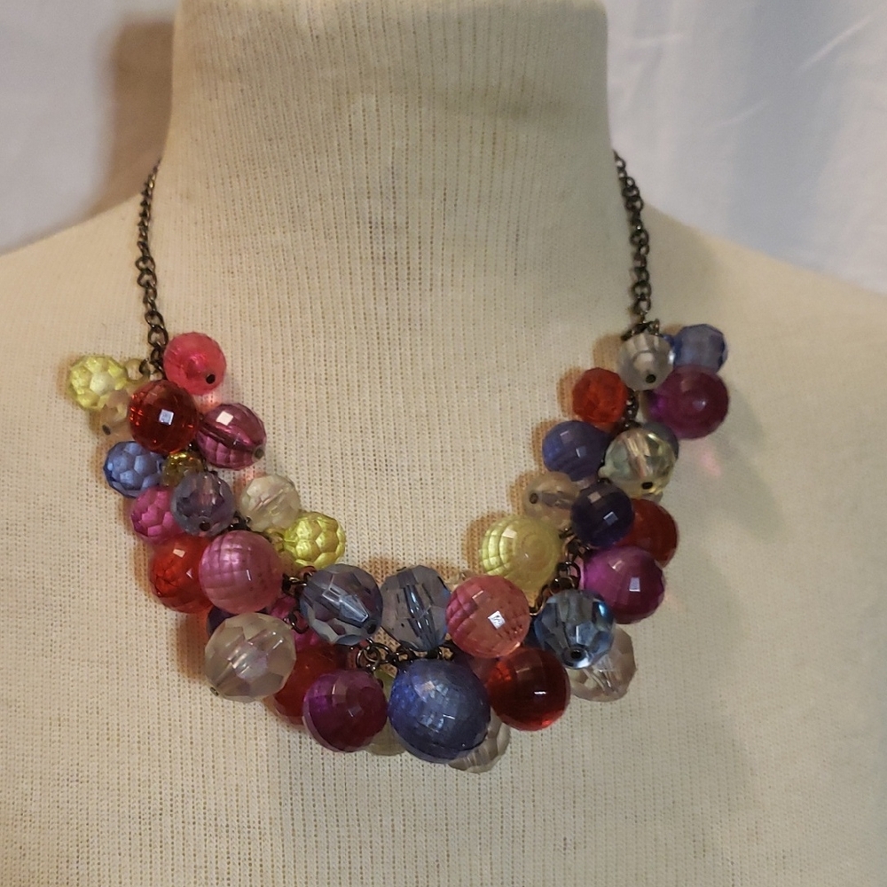 Multicolor Beaded Necklace 20" Goldtone Chain Statement Festive Fruit Salad